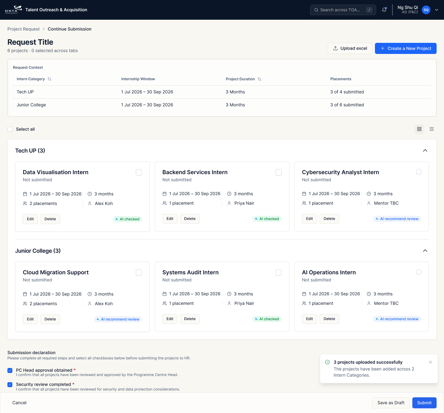 AD P and C project submission page after the reviewed updates